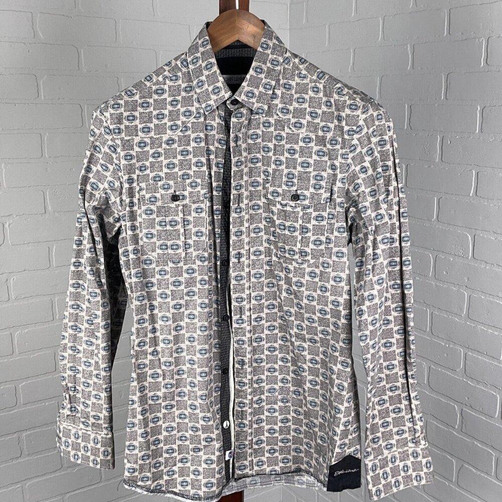 John Lennon Shirt Men Small 14.5/15 Tan Blue Medallion Check Western Rock Casual